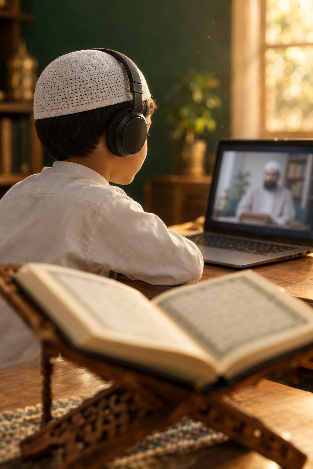 A student reciting the Qur'an during an online class