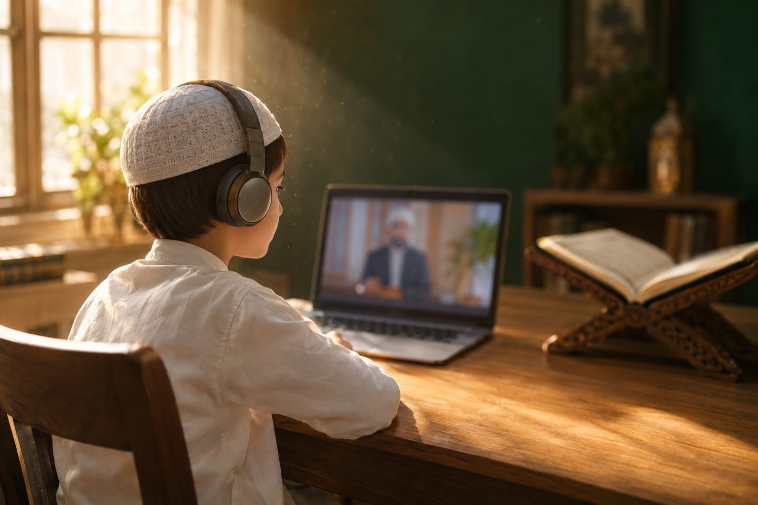 A young student following the lesson on screen